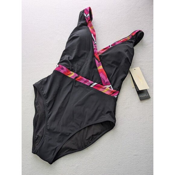 Profile by Gottex One Piece‎ Swimsuit Size 8 Palm Springs Deep V Neck Pink NEW - Picture 3 of 7